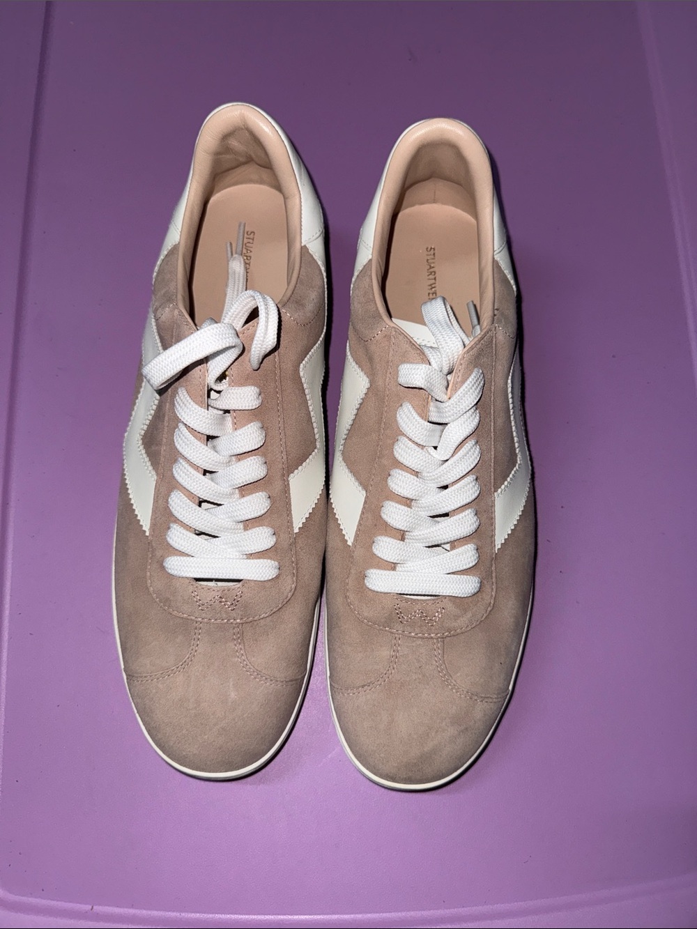 Stuart Weitzman Taupe Suede Sneakers with White Accent